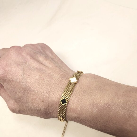 New mesh bracelet with flower and clover designer inspired18K gold plated - Picture 1 of 10